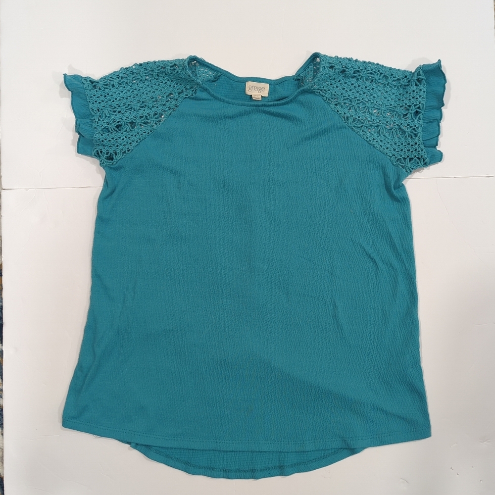 Greige Teal Crochet Short Sleeve Top Women's Small Casual Beach Basic Norm